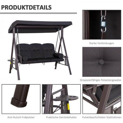 3-Sitzer Hollywoodschaukel Gartenschaukel mit Sonnendach Kissen Metall Polyester Schwarz - Palo24