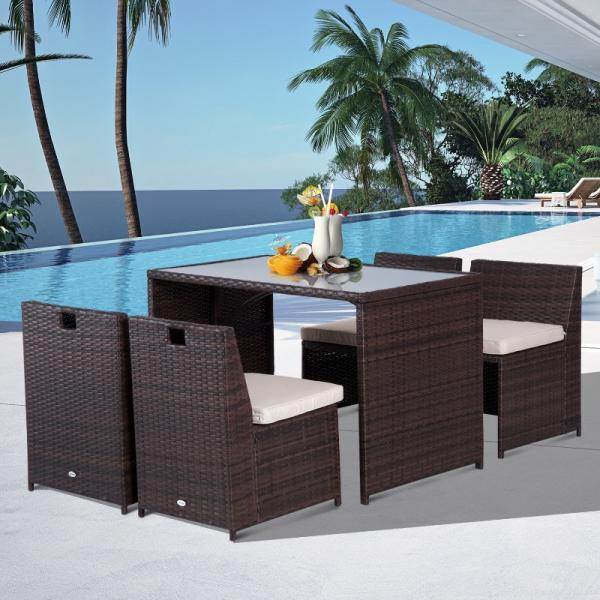 5tlg. Polyrattan Rattan Essgruppe Gartenset Sitzgruppe Sofa Garnitur Stahl Braun+Khaki - Palo24