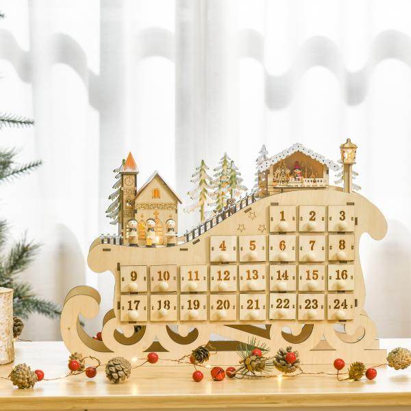 Adventskalender zum Befüllen 24 Schubladen Fächer Weihnachtskalender mit LED-Lichtern Schlitten-Form - Palo24