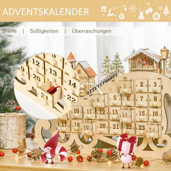 Adventskalender zum Befüllen 24 Schubladen Fächer Weihnachtskalender mit LED-Lichtern Schlitten-Form - Palo24