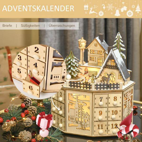 Adventskalender mit LED-Lichtern 25 cm x 20 cm x 29 cm - Palo24