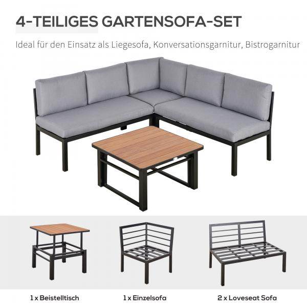 4-tlg. Gartengarnitur Set Sitzgruppe Couchtisch Sofa mit Kissen Aluminium Grau - Palo24