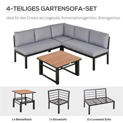 4-tlg. Gartengarnitur Set Sitzgruppe Couchtisch Sofa mit Kissen Aluminium Grau - Palo24