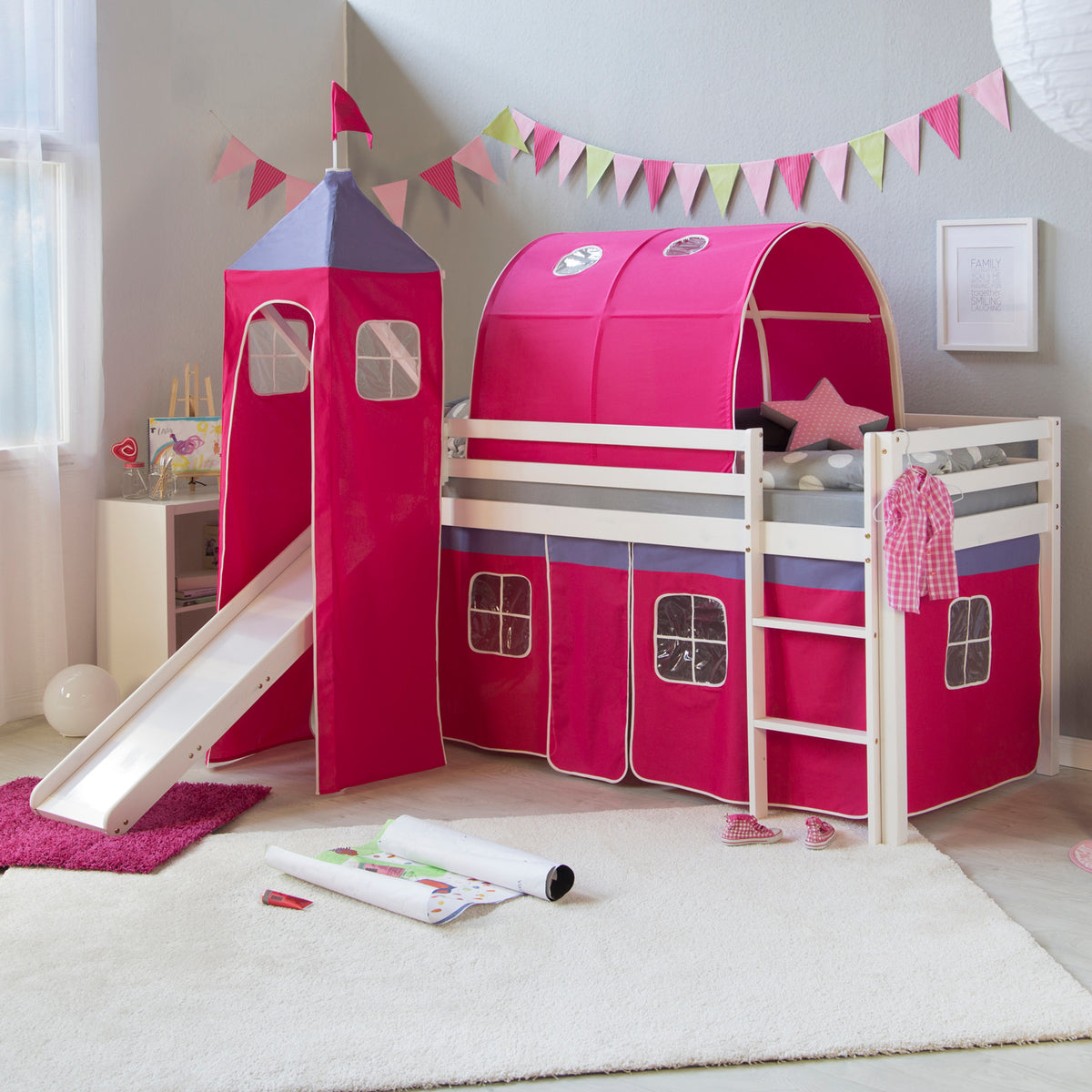 Hochbett Kinder 90x200 cm Weiss mit Vorhang in Pink | Tunnel | Turm | Rutsche | ohne Lattenrost