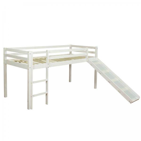 Hochbett Spielbett Kinderbett 90x200 cm Lattenrost Matratze Leiter Rutsche Weiss Holz Massiv - Palo24