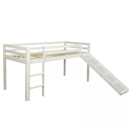 Hochbett Spielbett Kinderbett 90x200 cm Lattenrost Matratze Leiter Rutsche Weiss Holz Massiv - Palo24