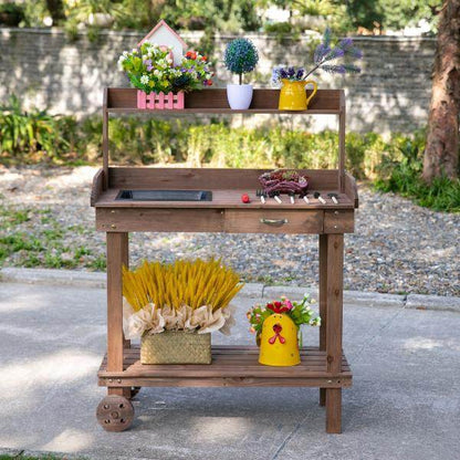 Pflanztisch Gärtnertisch mit Waschbecken und Rollen Garten Tannenholz Braun - Palo24