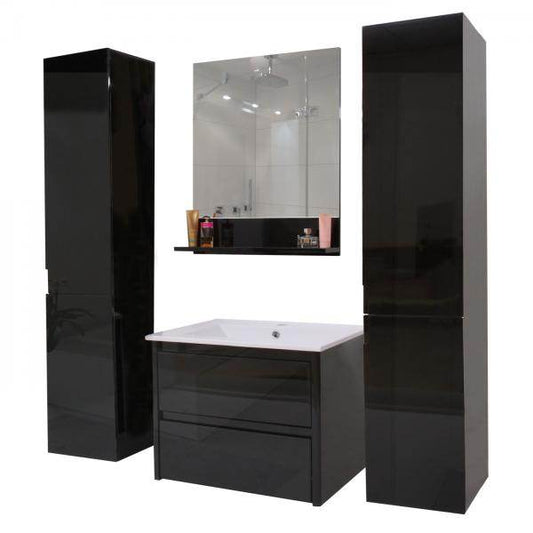 Badezimmerset HWC-B19, Waschtisch Wandspiegel 2x Hängeschrank, hochglanz ~ schwarz - Palo24