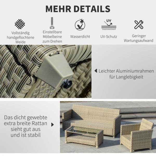4-tlg. Polyrattan Set Gartengarnitur Sitzgruppe Loungeset mit Couchtisch Aluminium Braun+Grau - Palo24