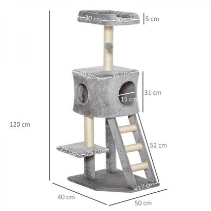 Kratzbaum mit Höhle Leiter Katzenbaum Kletterbaum E1 MDF Sisal Hellgrau - Palo24