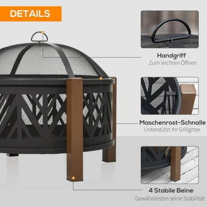 Feuerschale Feuerkorb mit Funkenschutz Grillrost Garten BBQ Schwarz+Braun - Palo24