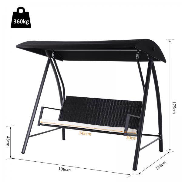 Hollywoodschaukel 3-Sitzer mit Dach Polyrattan Schwarz - Palo24