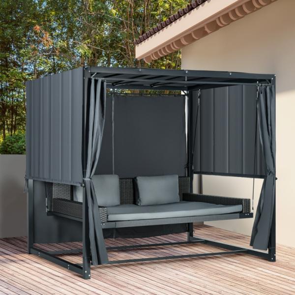 Outdoor-Schaukelbett aus PE-Rattan mit Baldachin, inkl. Kissen, wetterbeständig, Grau - Palo24