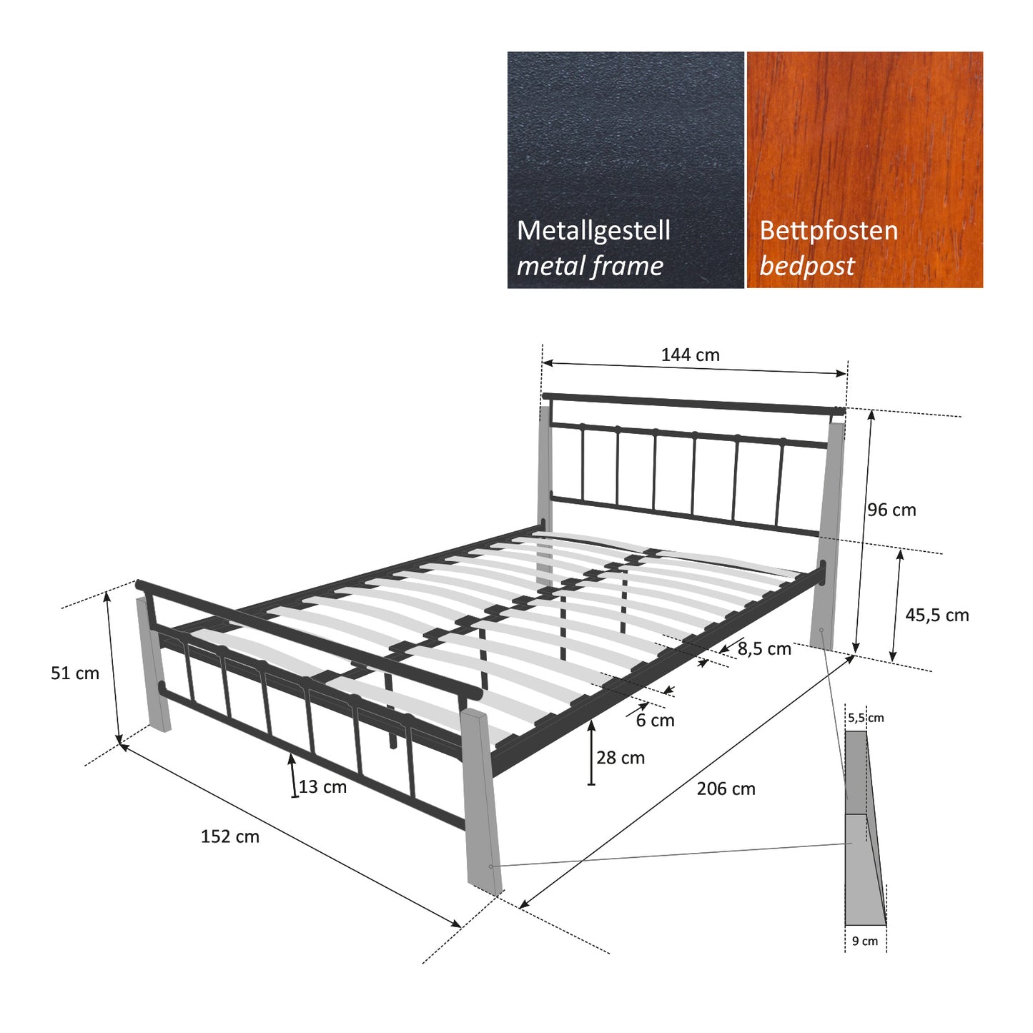 Metallbett 140 x 200 Bettgestell Doppelbett Bettrahmen + Lattenrost 5072 schwarz