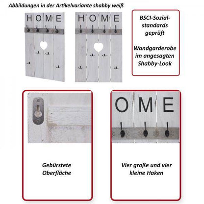 Wandgarderobe Garderobenpaneel Shabby-Look Vintage, 8 Haken 91x60cm ~ braun, shabby - Palo24