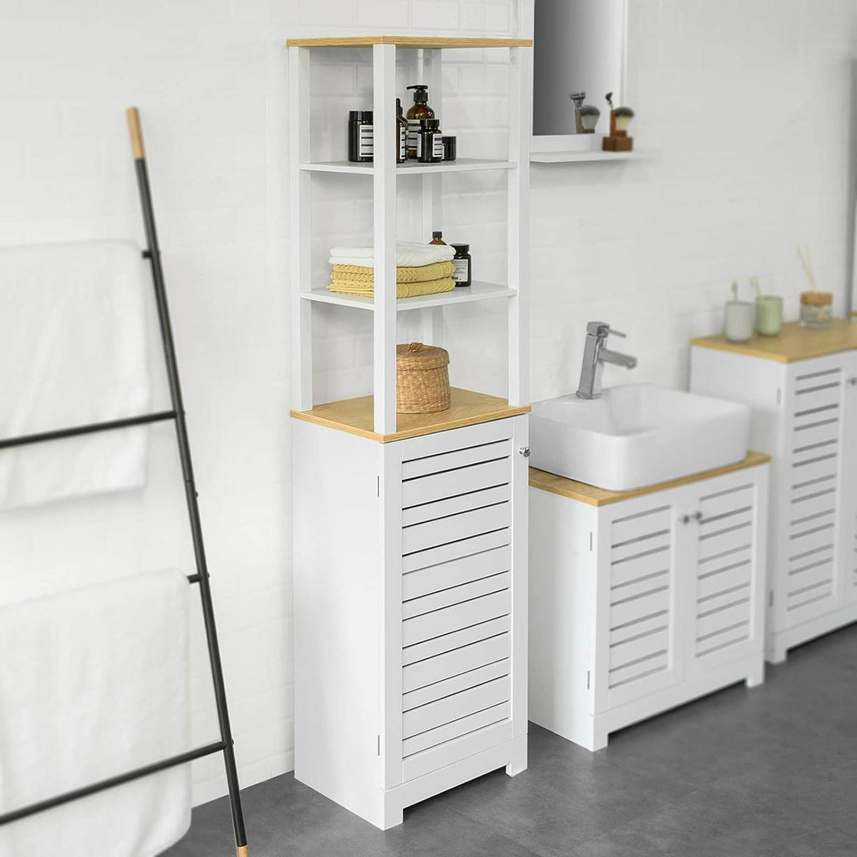 Bad Hochschrank | Badschrank Weiss Badezimmermöbel | BZR43-W - Palo24