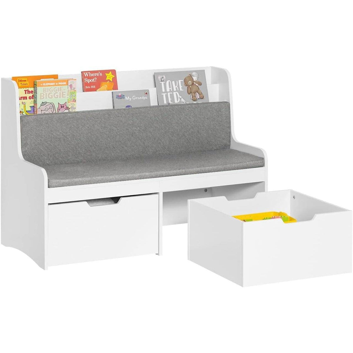 Sitzbank mit Bücherregal und Sitzkissen | Spielzeugtruhe | Aufbewahrungsbox mit Rollen | Weiss - Palo24