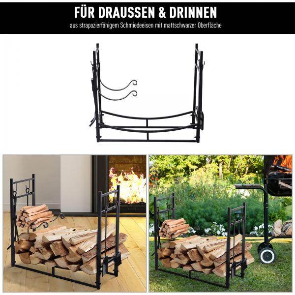 Kaminholzregal Holzständer Holzablage mit 4 Haken 2 Schichten Metall Schwarz - Palo24