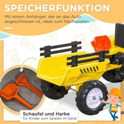 Trettraktor mit Anhänger, Werkzeug, Hupe, für Kinder ab 3 J., Metallrahmen, schwarz-gelb, 133 x 42 x 51 cm - Palo24