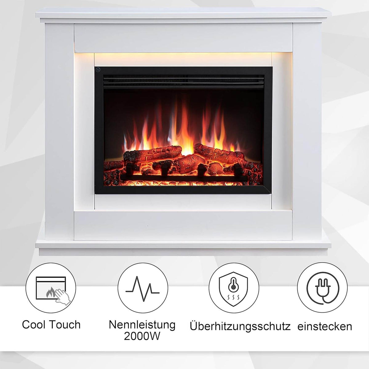 BALDERIA Baldur Elektrokamin mit Heizung bis 2000W, 3D-Flammeneffekt Weiss - Palo24