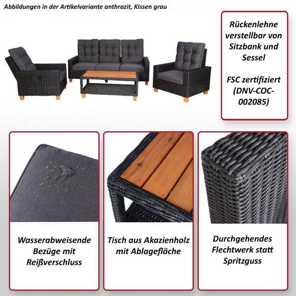 Gartengarnitur HWC-G28, Sitzgruppe Lounge-Set, Akazie Holz halbrundes Rattan verstellbar MVG ~ anthrazit, Kissen grau - Palo24