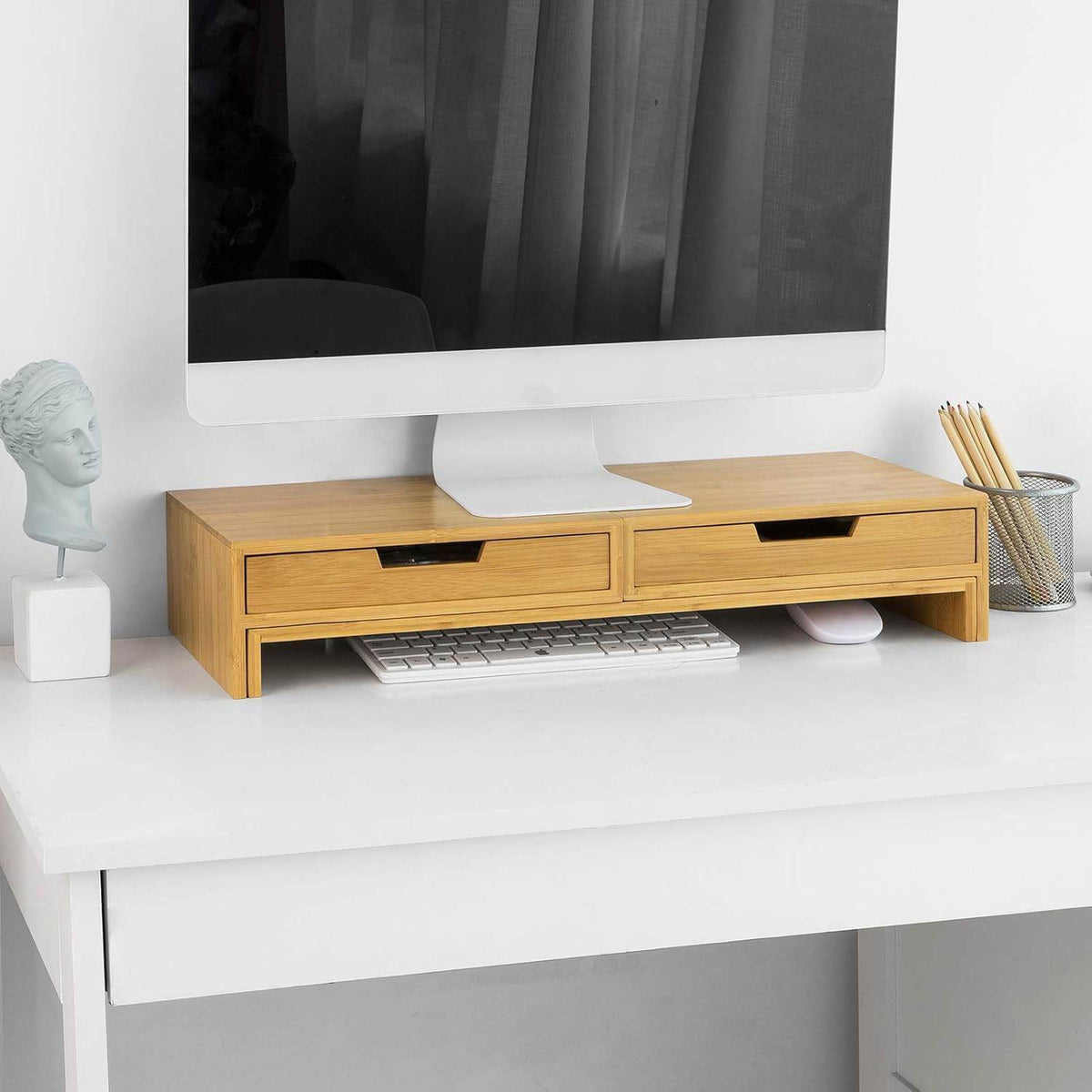 Design Monitorerhöhung für 2 Monitore | Monitorständer mit 2 Schubladen | Bambus | BBF04-N - Palo24