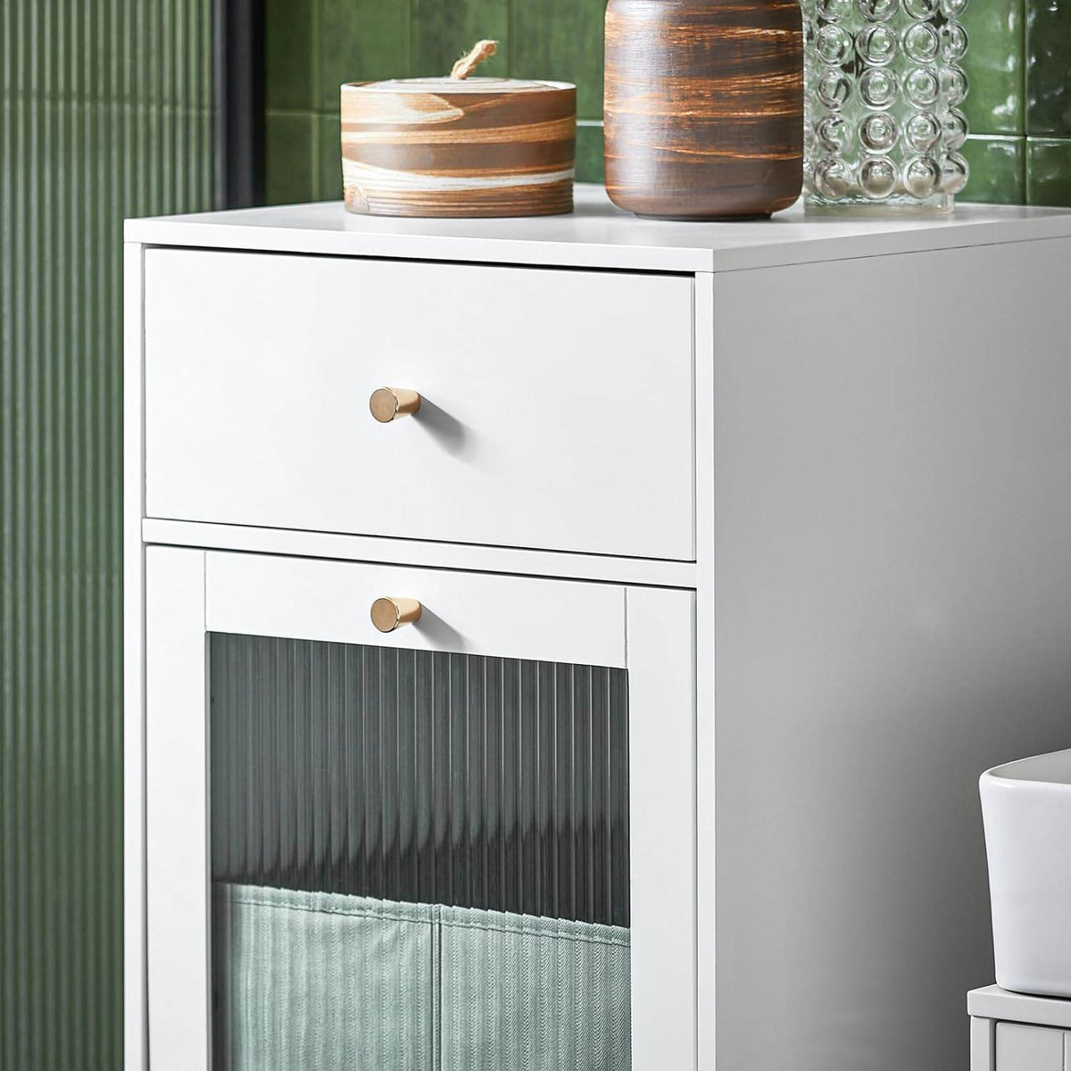 Wäscheschrank mit Wäschesack | Wäschetruhe mit Glastür | Wäschesammler | Weiss BZR116-W - Palo24