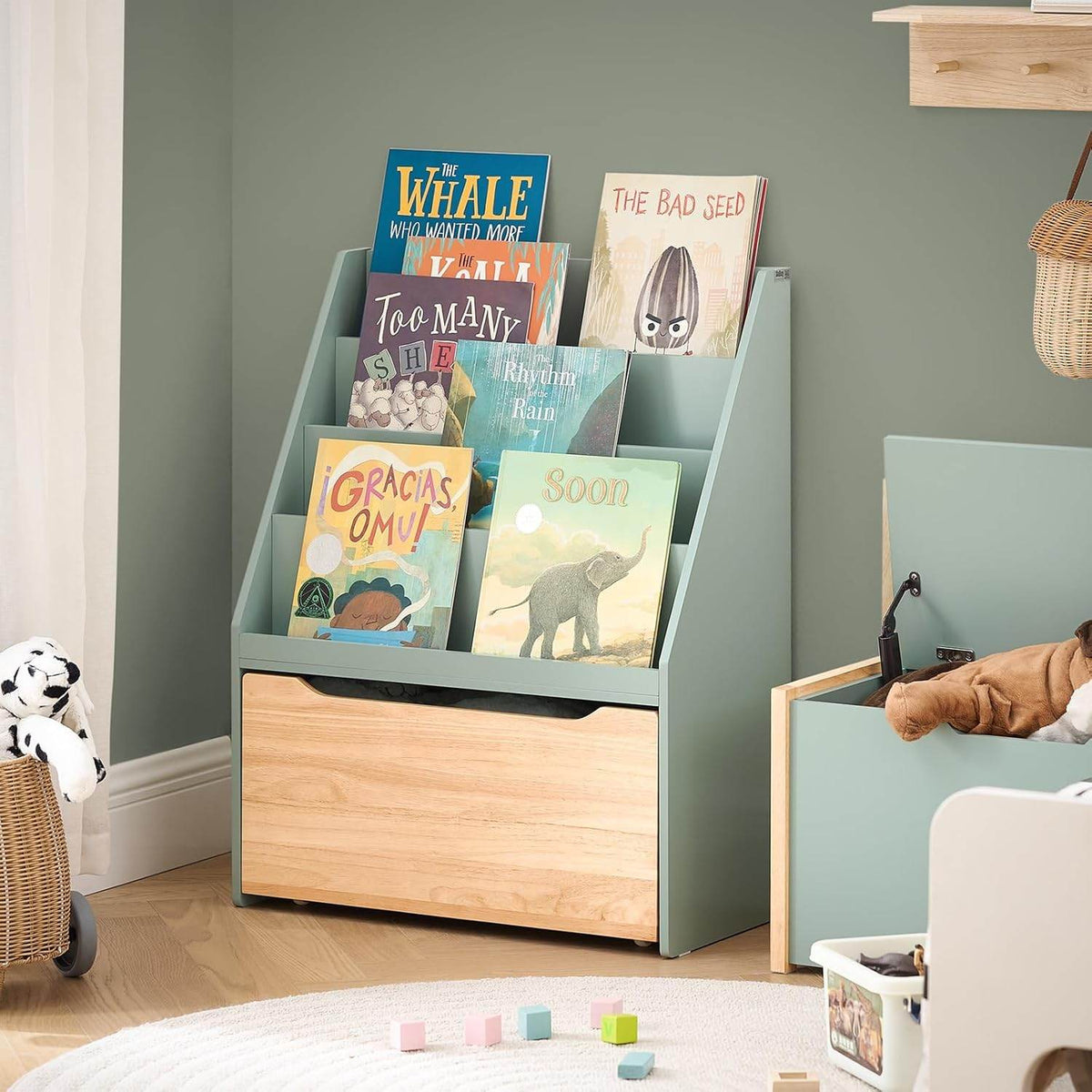 Kinder Bücherregal | Spielzeugtruhe | Aufbewahrungsregal Kinderzimmer | Grün-Natur - Palo24