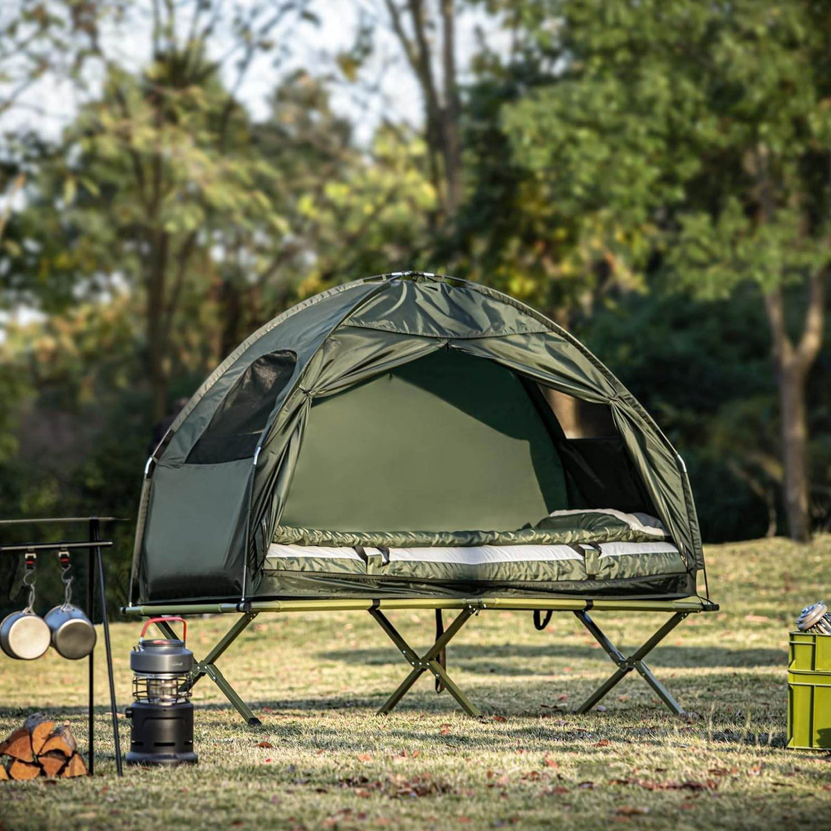 4in1-Zelt Für 1 Person Wurfzelt Feldbett Mit Campingliege Grün - Palo24