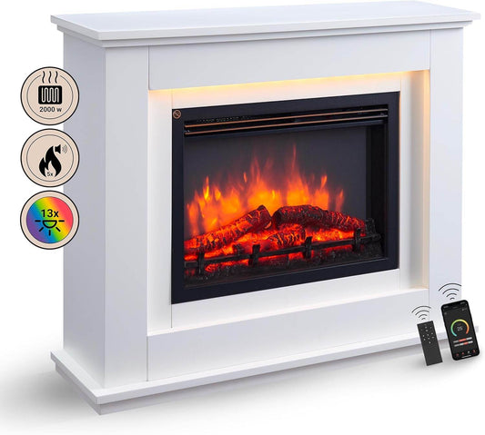 BALDERIA Baldur Elektrokamin mit Heizung bis 2000W, 3D-Flammeneffekt Weiss - Palo24