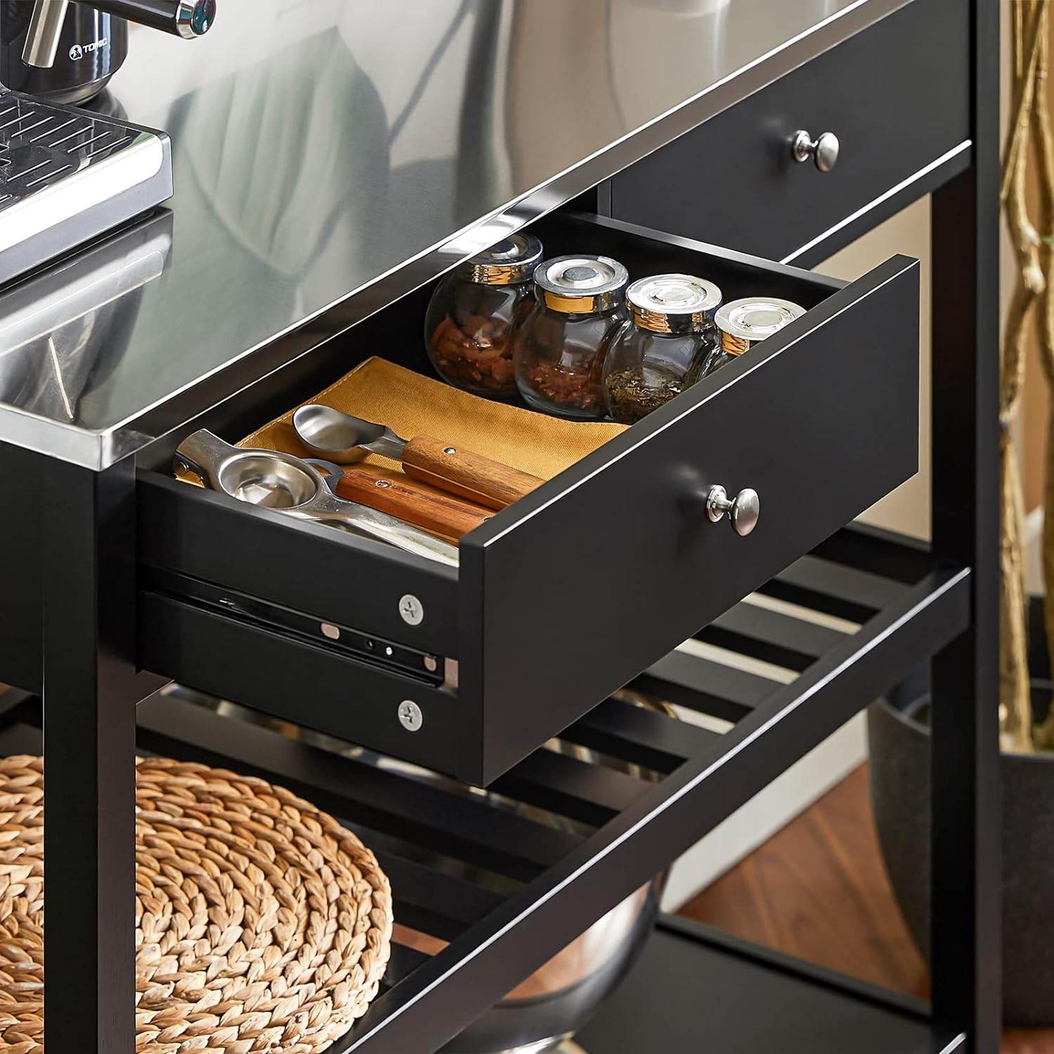 Küchenwagen mit Edelstahlplatte | Sideboard | Servierwagen Schwarz | FKW47-SCH - Palo24