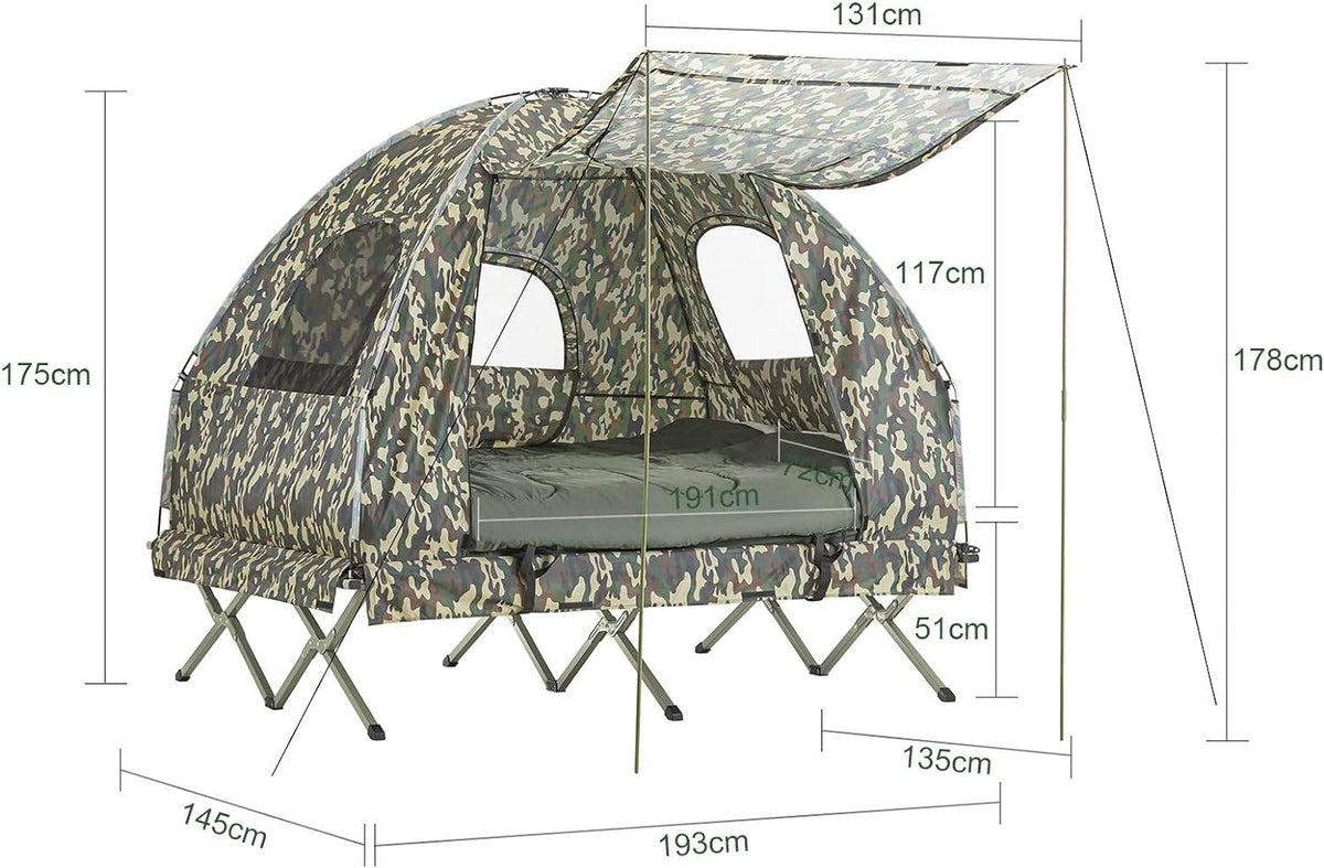 4in1-Zelt Mit Vorzelt Für 2 Personen Wurfzelt Feldbett Mit Campingliege Tarnfarbe - Palo24
