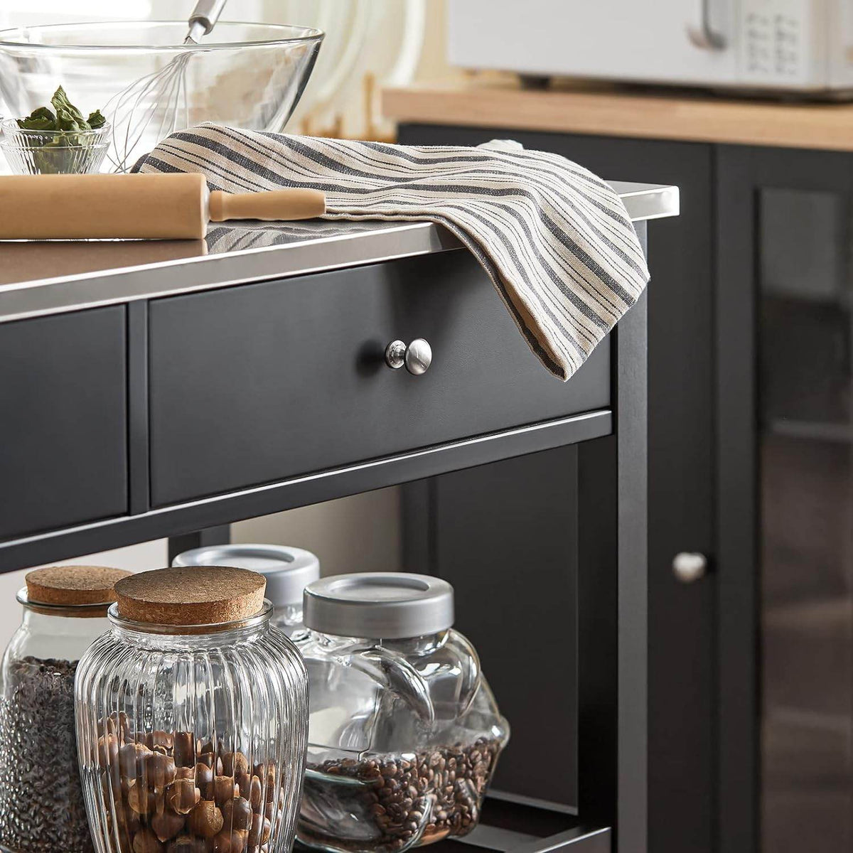 Küchenwagen mit Edelstahlplatte | Sideboard | Servierwagen Schwarz | FKW47-SCH - Palo24