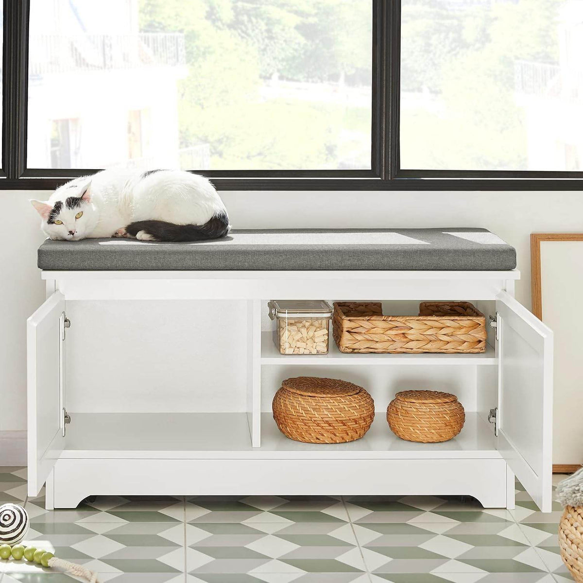 Katzenhaus mit Katzennäpfe | Tierhaus | Schuhbank mit Katzenhaus | Weiss FSR136-W - Palo24
