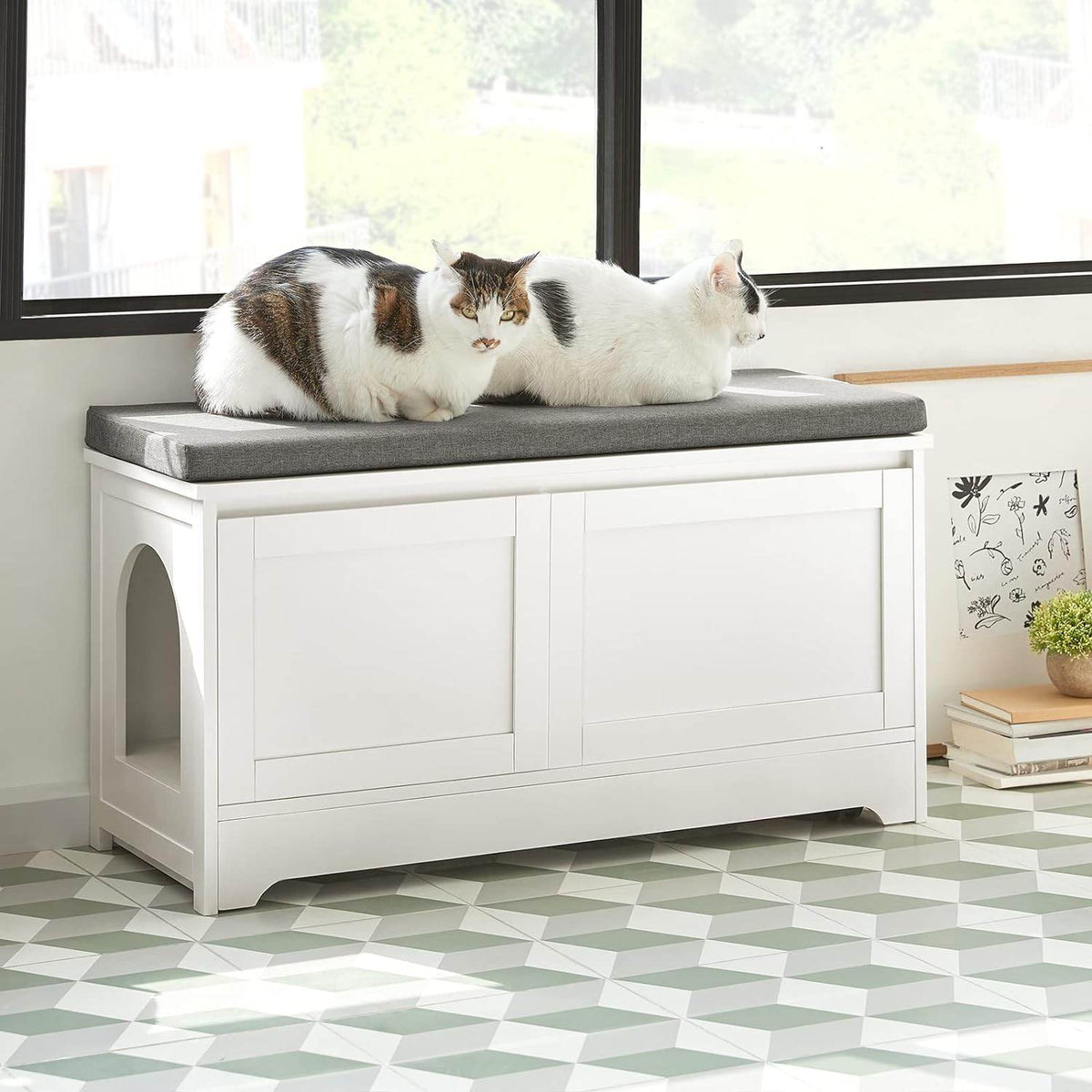 Katzenhaus mit Katzennäpfe | Tierhaus | Schuhbank mit Katzenhaus | Weiss FSR136-W - Palo24