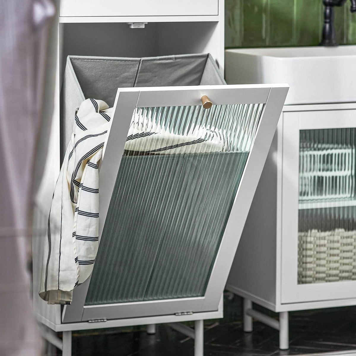 Wäscheschrank mit Wäschesack | Wäschetruhe mit Glastür | Wäschesammler | Weiss BZR116-W - Palo24
