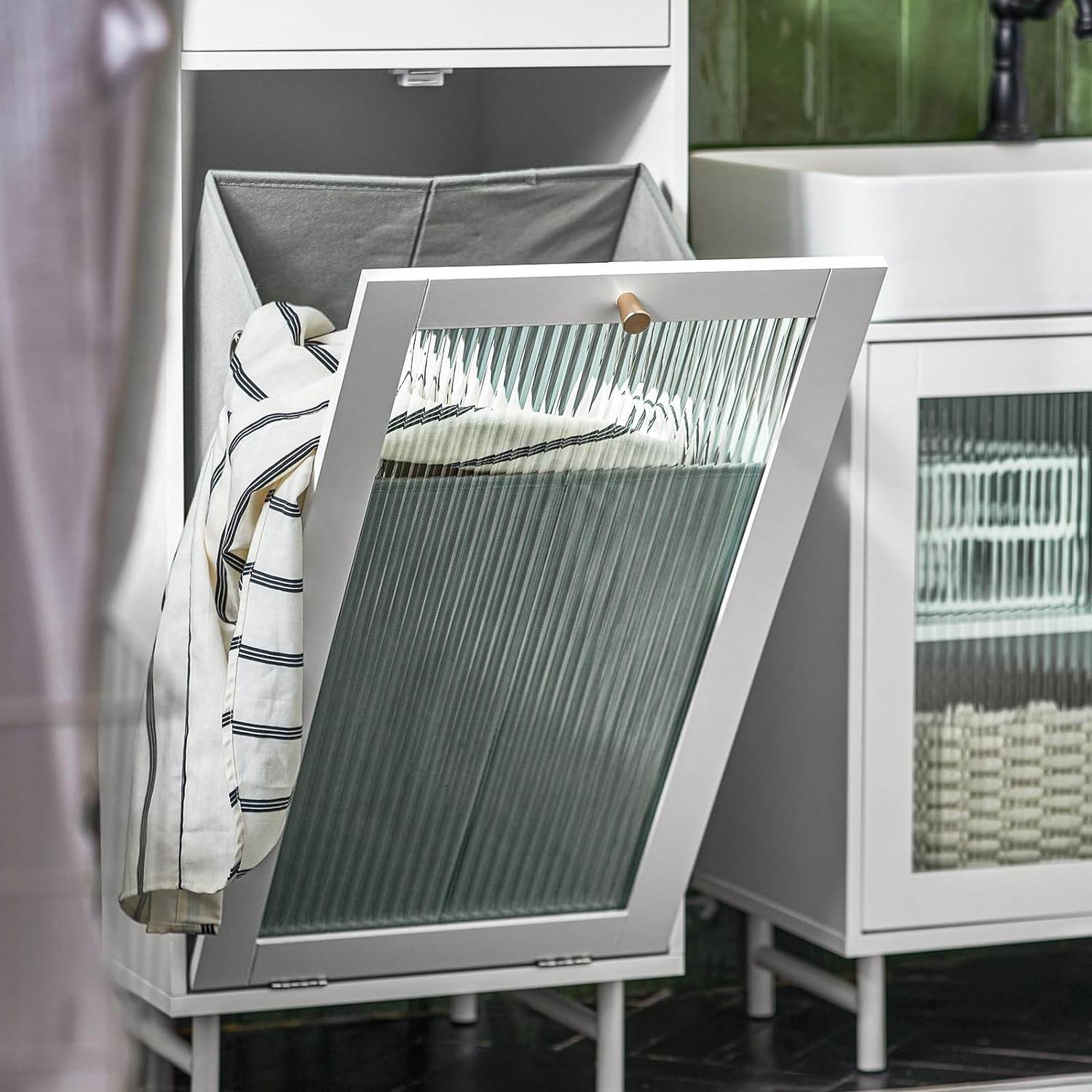 Wäscheschrank mit Wäschesack | Wäschetruhe mit Glastür | Wäschesammler | Weiss BZR116-W - Palo24