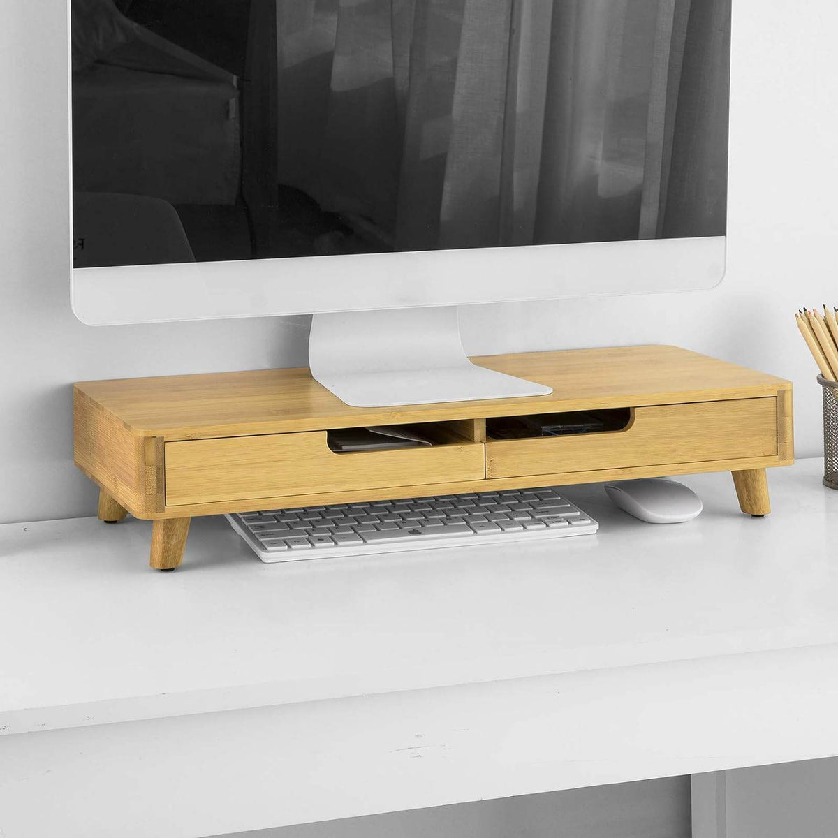 Design Monitorerhöhung | Monitorständer mit 2 Schubladen | Bambus | BBF06-N - Palo24