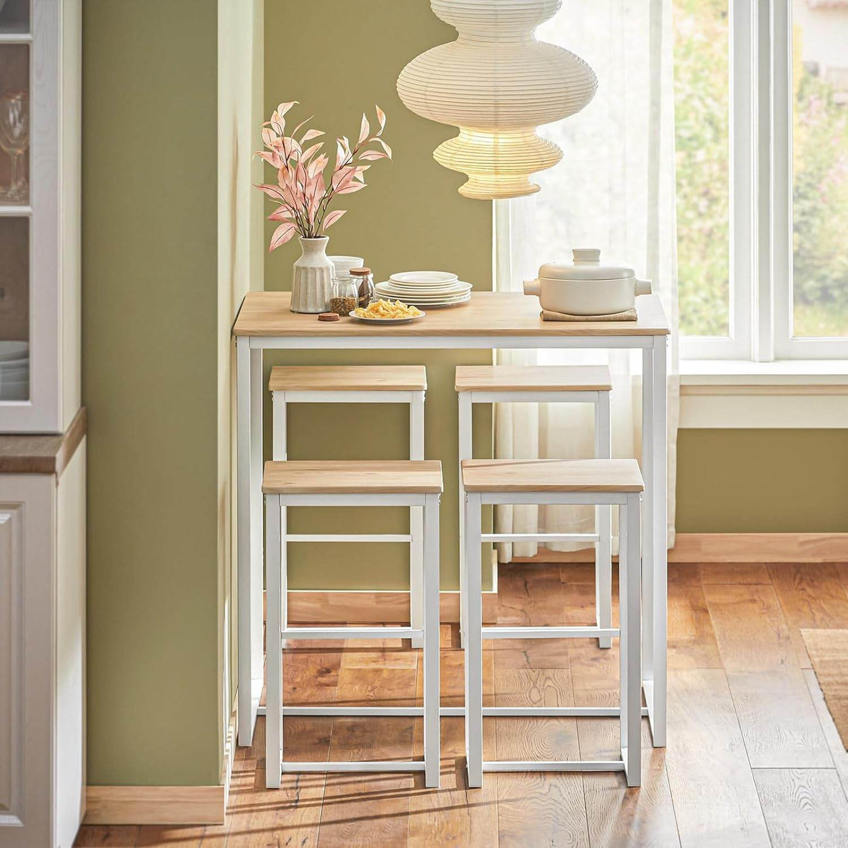 Bartisch mit 4 Hockern | Bartisch set | Stehtisch | 5-teilig | weiß-natur | OGT15-WN - Palo24
