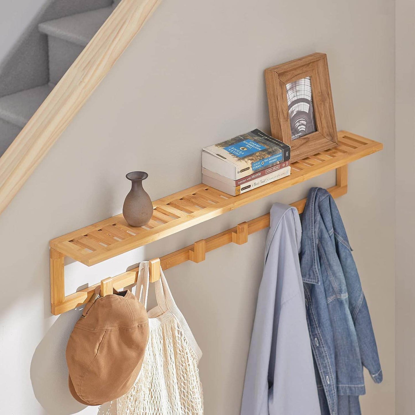 Wandgarderobe mit 6 Kleiderhaken | Flurgarderobe Bambus | FHK06-N - Palo24