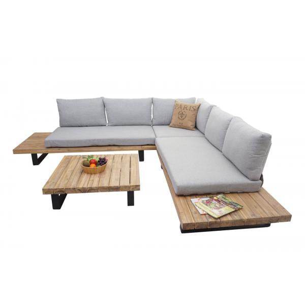 Garten-Garnitur HWC-H54, Garnitur Sitzgruppe Lounge-Set, Spun Poly Akazie Holz MVG Alu ~ hellbraun, Polster hellgrau - Palo24
