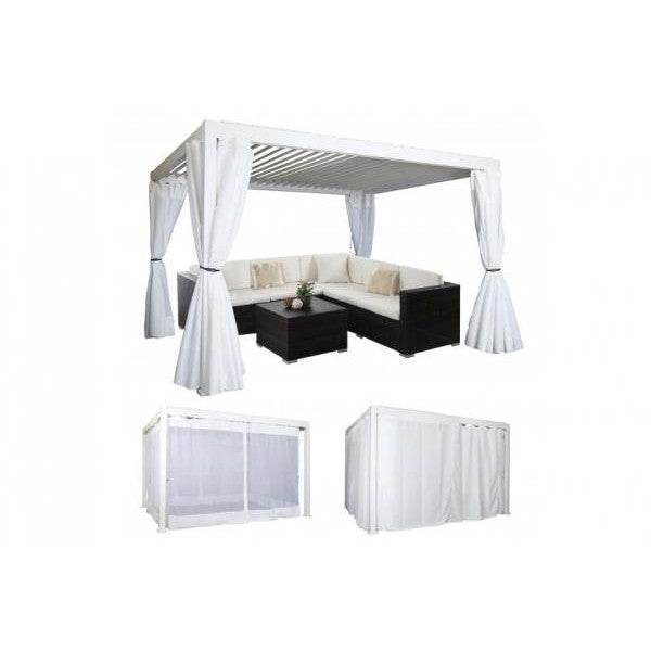Pergola HWC-J32, Garten Lamellen-Pavillon, 11cm-Alu-Gestell 4x3m ~ weiß mit Seitenwand + Moskitonetz weiss - Palo24