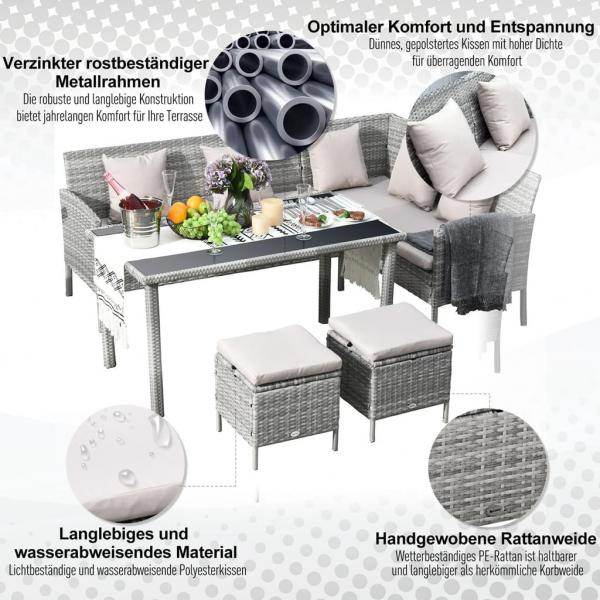 5-tlg. Sitzgruppe Set Rattan mit Esstisch 2 Fußhocker Metall Grau - Palo24