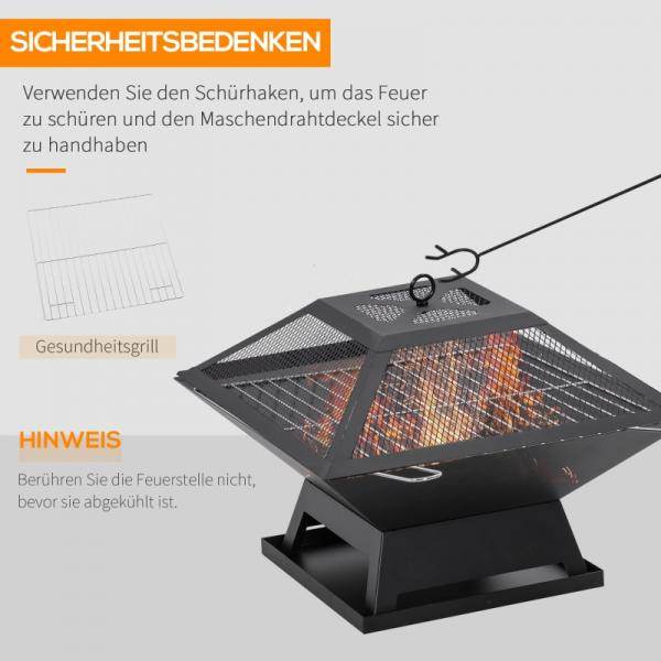 Feuerschale mit Funkenschutz Grillrost Schürhaken Feuerkorb Stahl Schwarz - Palo24