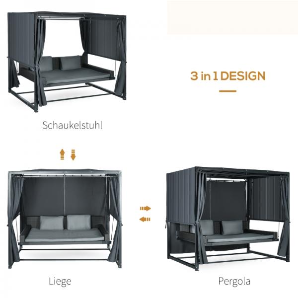 Outdoor-Schaukelbett aus PE-Rattan mit Baldachin, inkl. Kissen, wetterbeständig, Grau - Palo24
