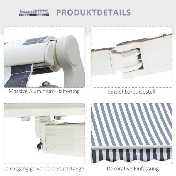Markise Gelenkarmmarkise Sonnenschutz Handkurbel Balkon Alu Grau Weiss 2,95 x 2,45 m - Palo24