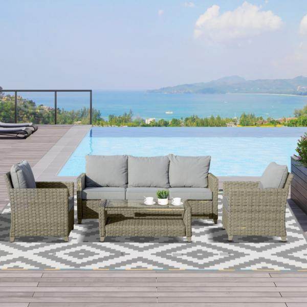 4-tlg. Polyrattan Set Gartengarnitur Sitzgruppe Loungeset mit Couchtisch Aluminium Braun+Grau - Palo24