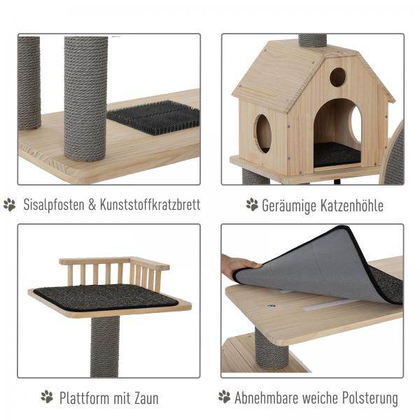 Katzenbaum mit Laufrad 4-Stock Kratzbaum mit Sisalsäulen Massivholz - Palo24