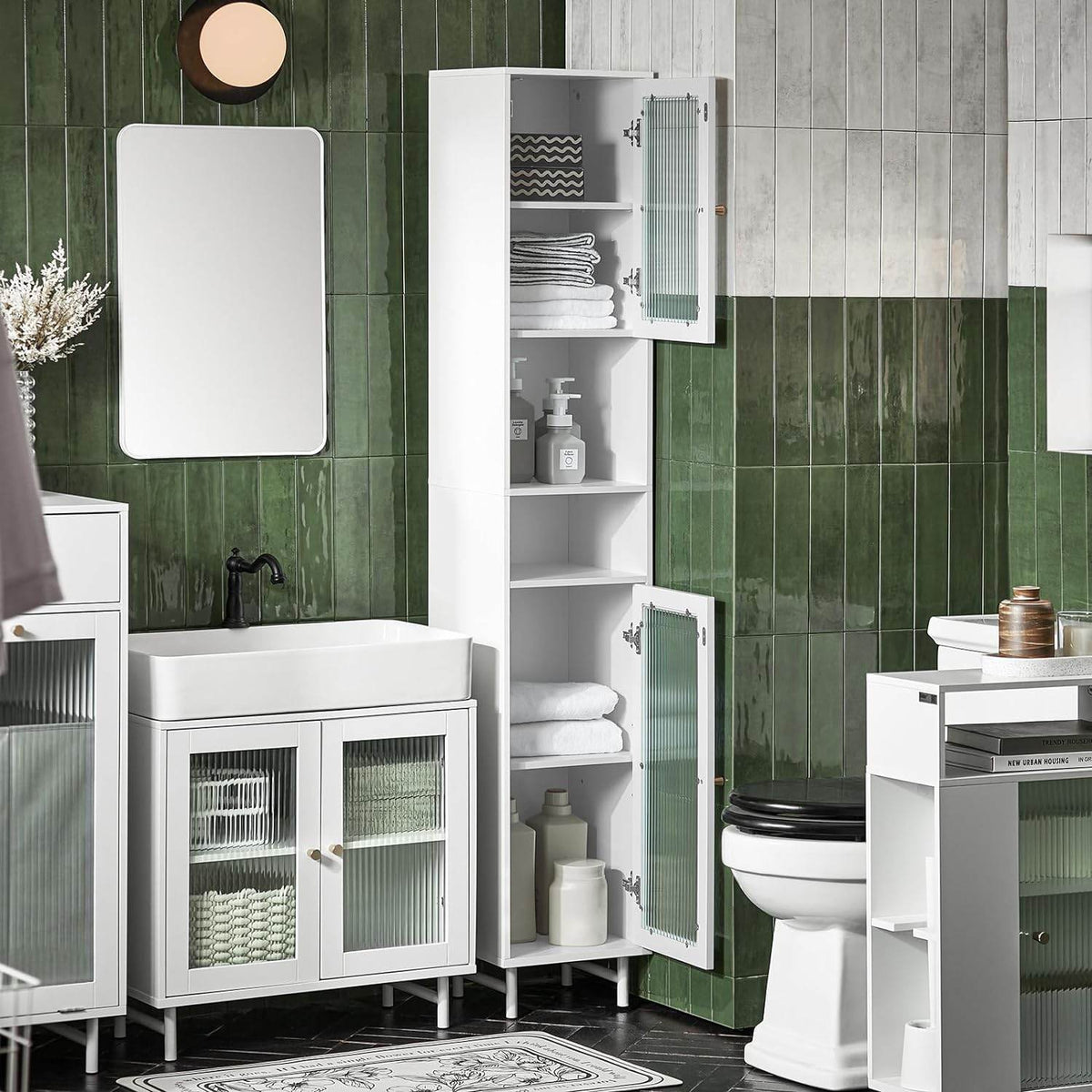 Bad Hochschrank | Badschrank mit Glastür | Badregal | Weiss BZR118-W - Palo24