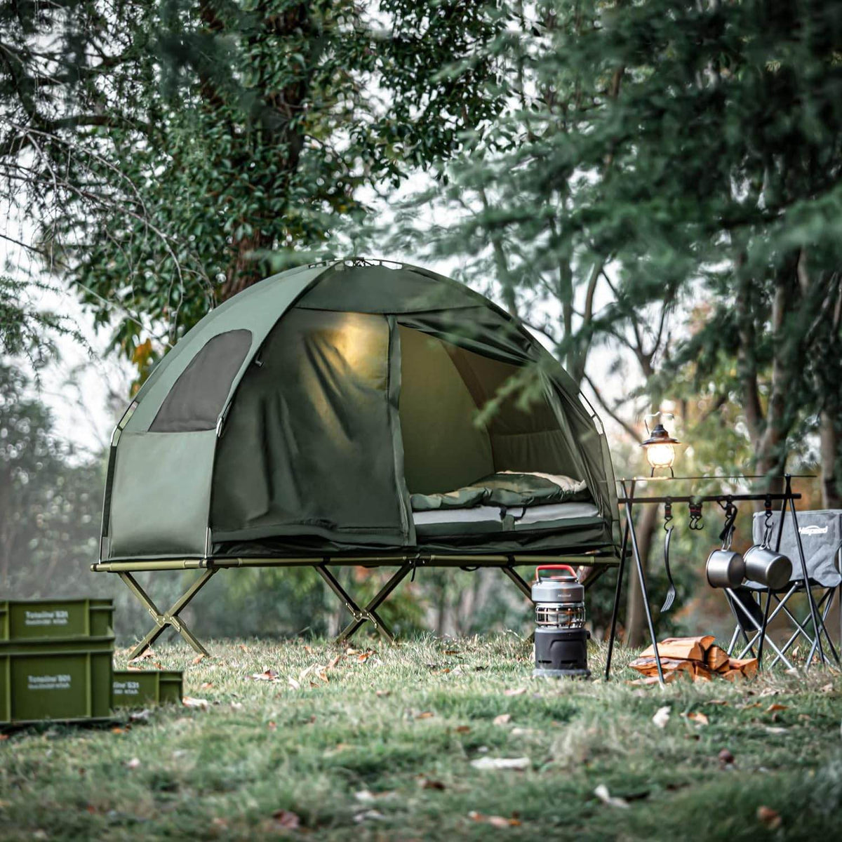 4in1-Zelt Für 1 Person Wurfzelt Feldbett Mit Campingliege Grün - Palo24